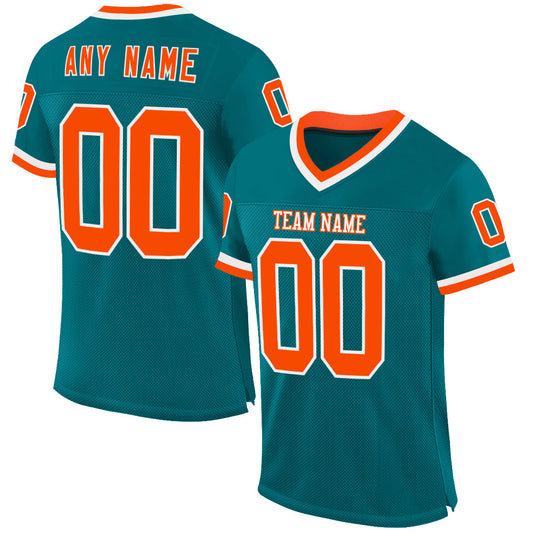 Custom Teal Orange-White Mesh Authentic Throwback Football Jersey - Main View