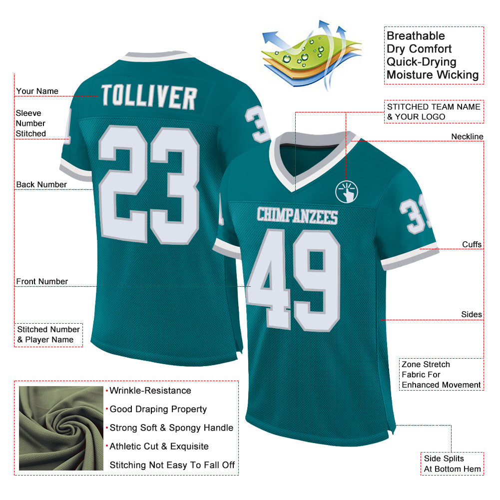 Custom Teal White-Gray Mesh Authentic Throwback Football Jersey view 2