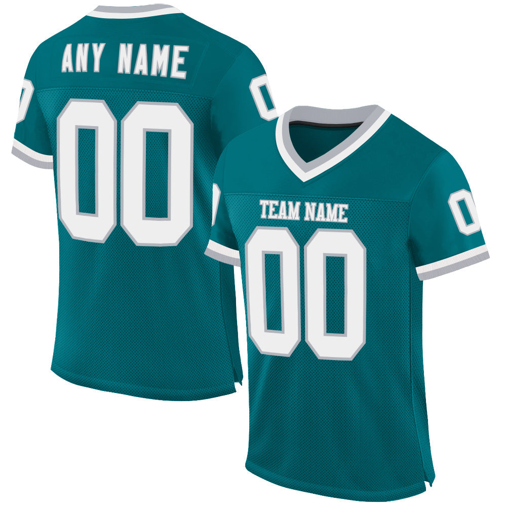 Custom Teal White-Gray Mesh Authentic Throwback Football Jersey - Main View