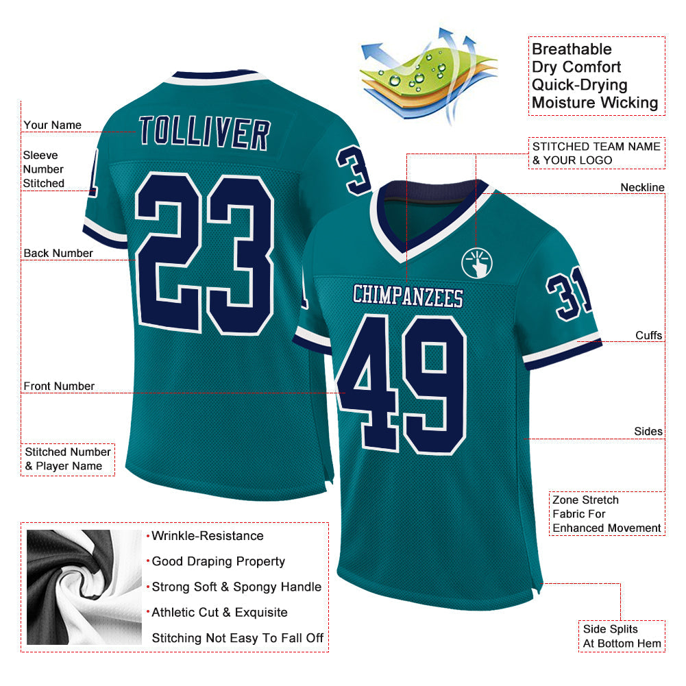 Custom Teal Navy-White Mesh Authentic Throwback Football Jersey view 2