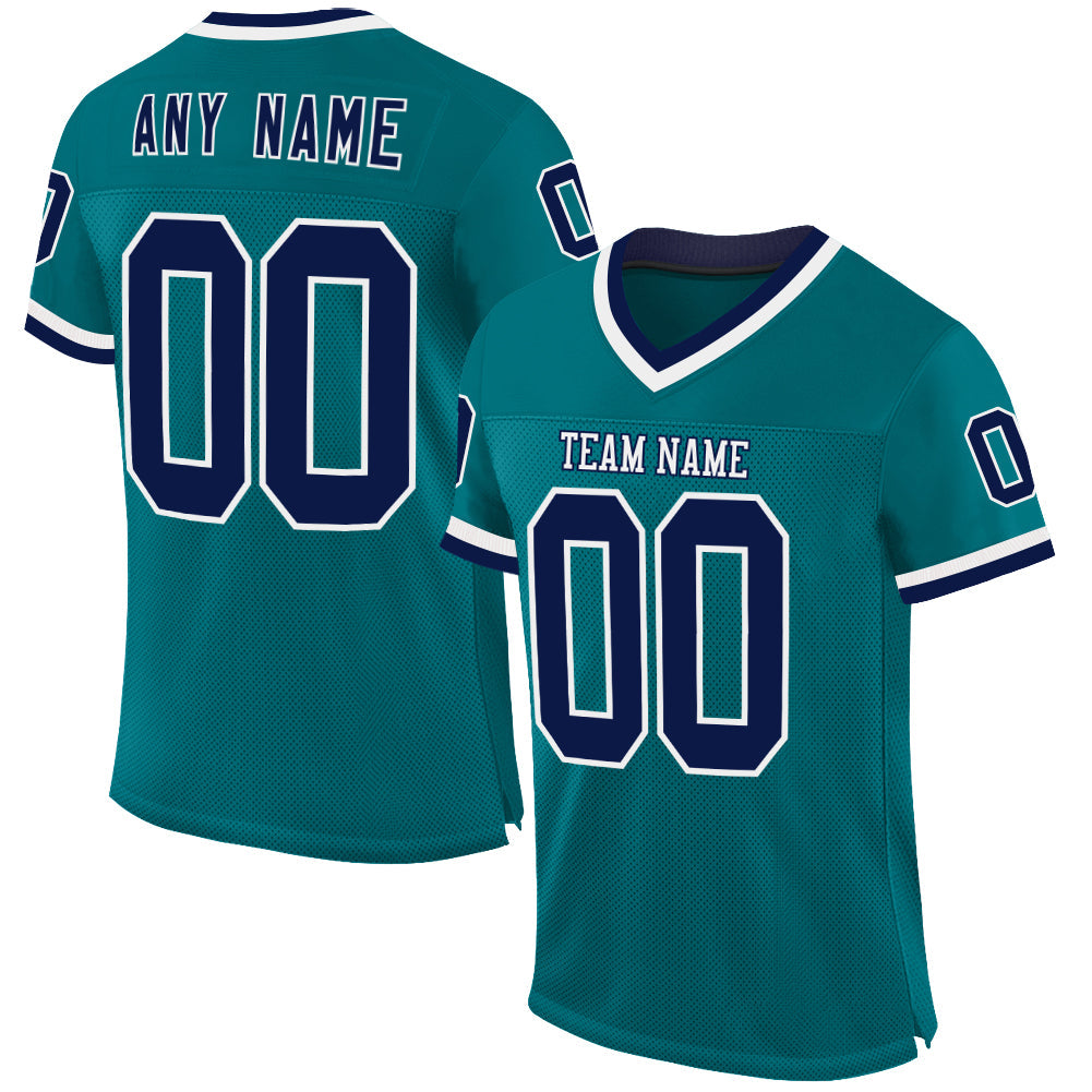 Custom Teal Navy-White Mesh Authentic Throwback Football Jersey - Main View