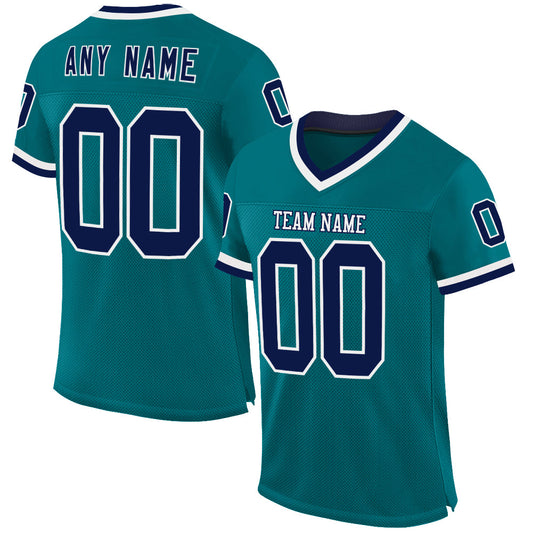Custom Teal Navy-White Mesh Authentic Throwback Football Jersey - Main View