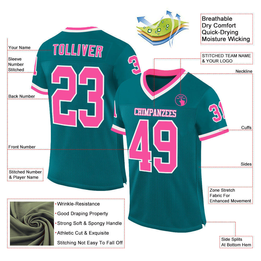 Custom Teal Pink-White Mesh Authentic Throwback Football Jersey view 2