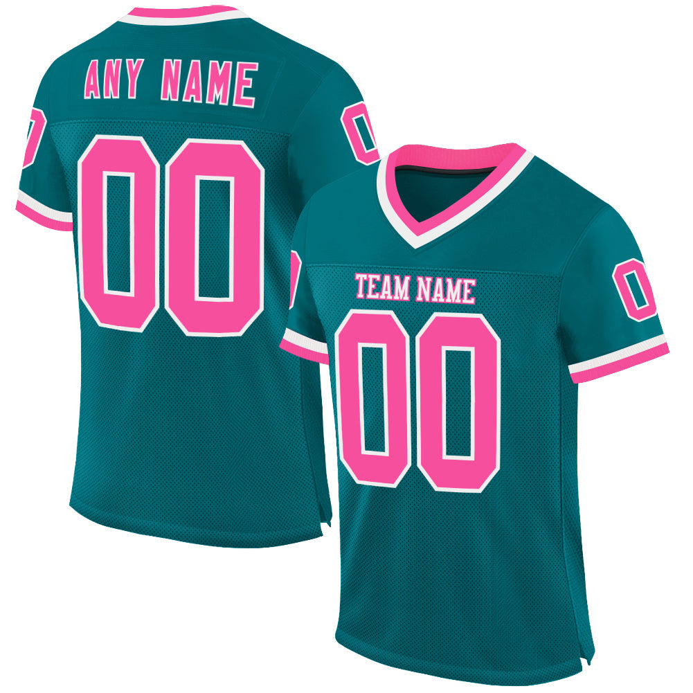 Custom Teal Pink-White Mesh Authentic Throwback Football Jersey - Main View