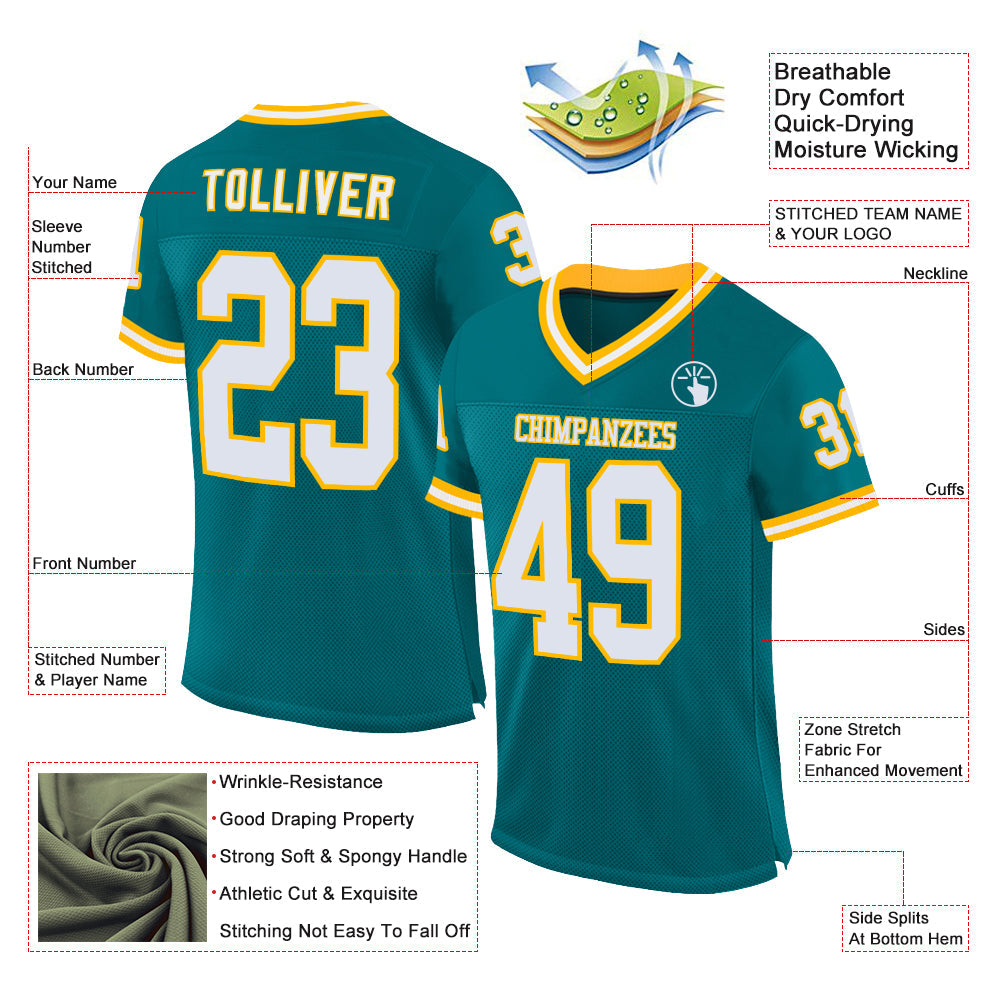 Custom Teal White-Gold Mesh Authentic Throwback Football Jersey view 2