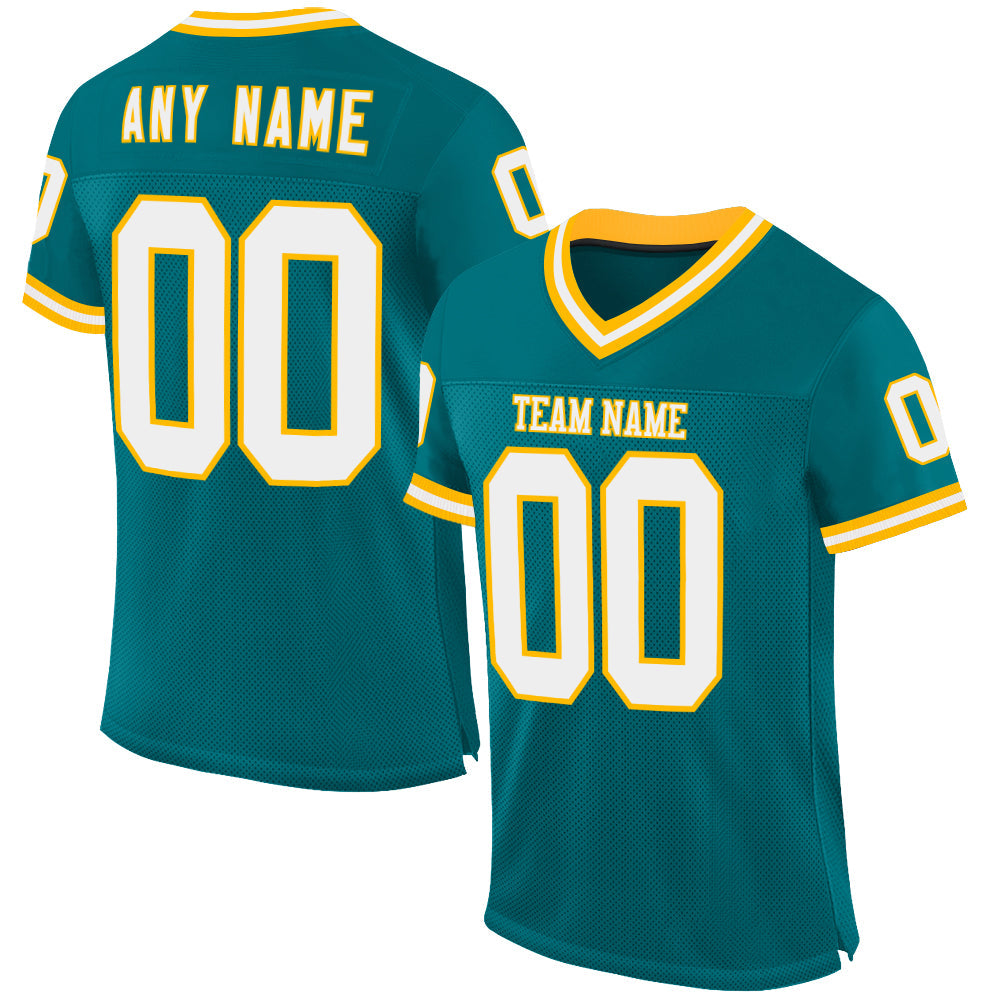 Custom Teal White-Gold Mesh Authentic Throwback Football Jersey - Main View