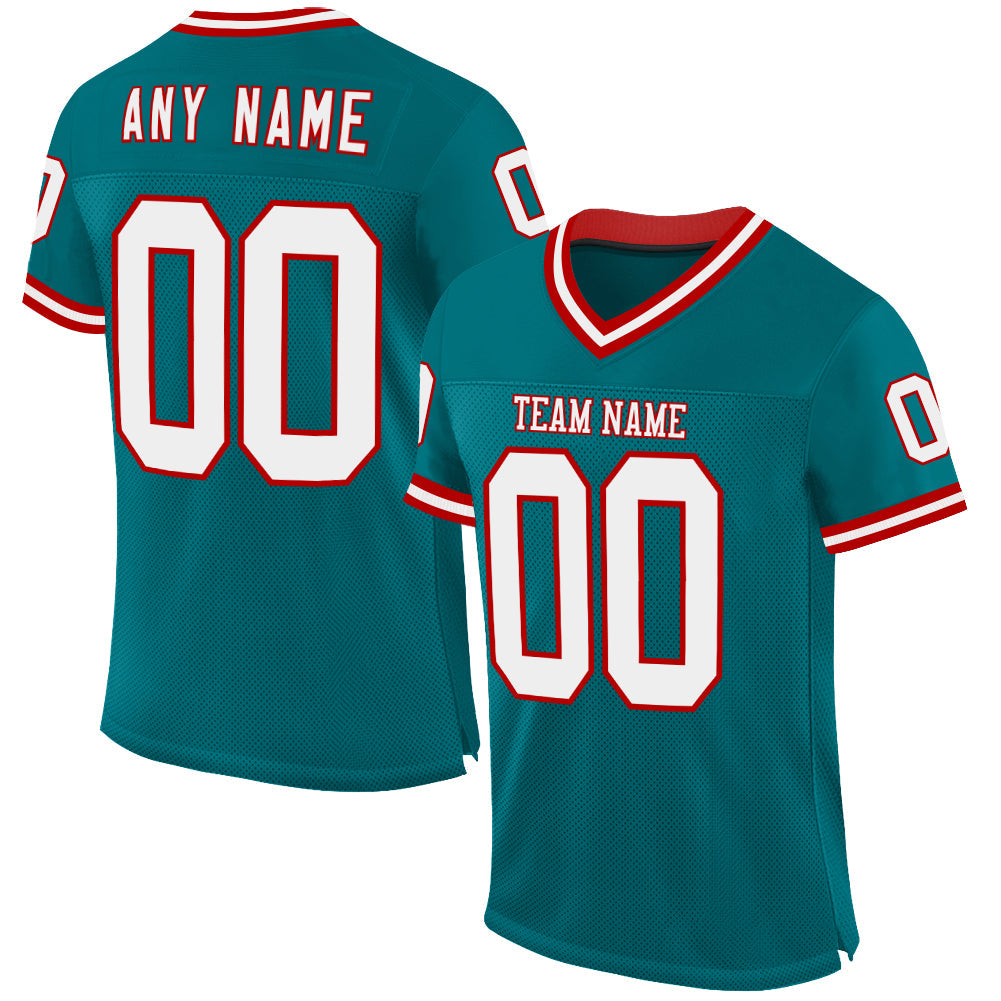 Custom Teal White-Red Mesh Authentic Throwback Football Jersey - Main View