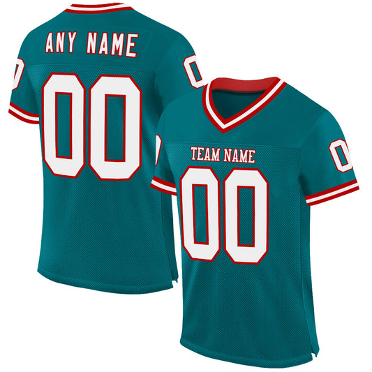 Custom Teal White-Red Mesh Authentic Throwback Football Jersey - Main View