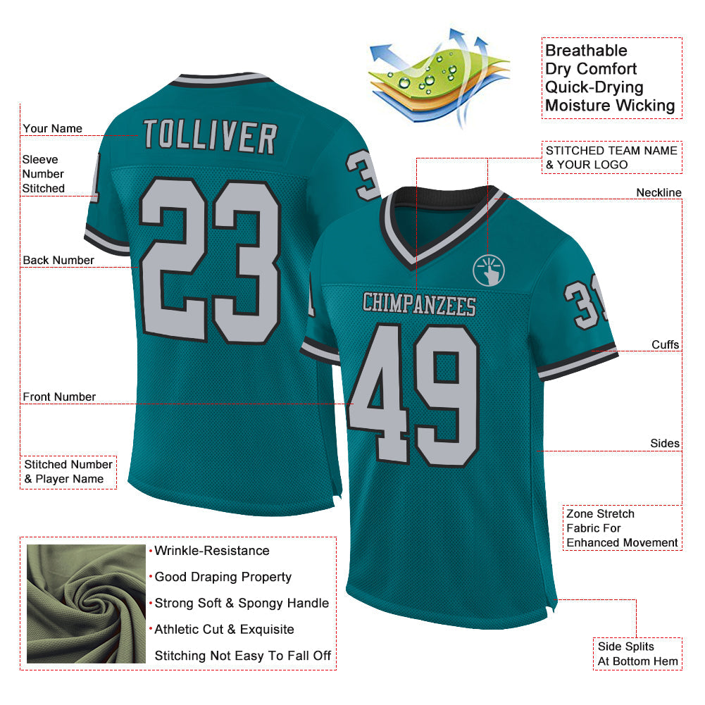 Custom Teal Gray-Black Mesh Authentic Throwback Football Jersey view 2