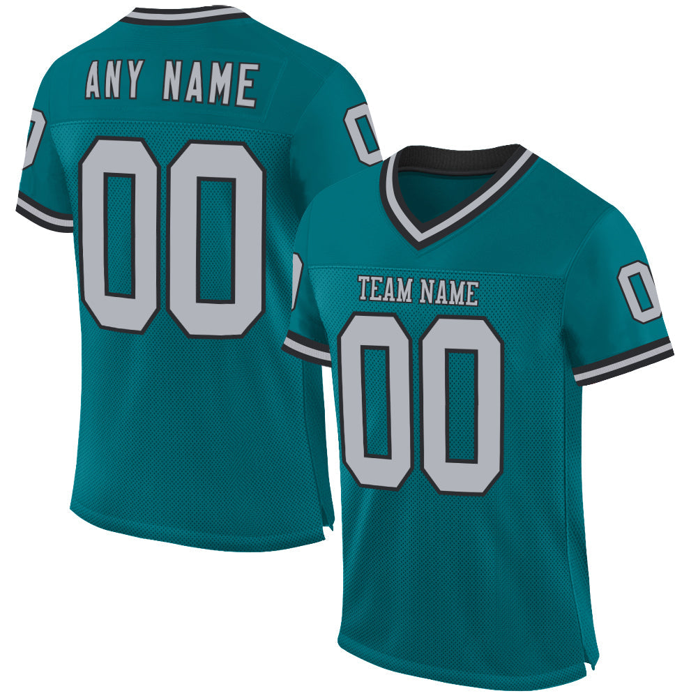 Custom Teal Gray-Black Mesh Authentic Throwback Football Jersey - Main View