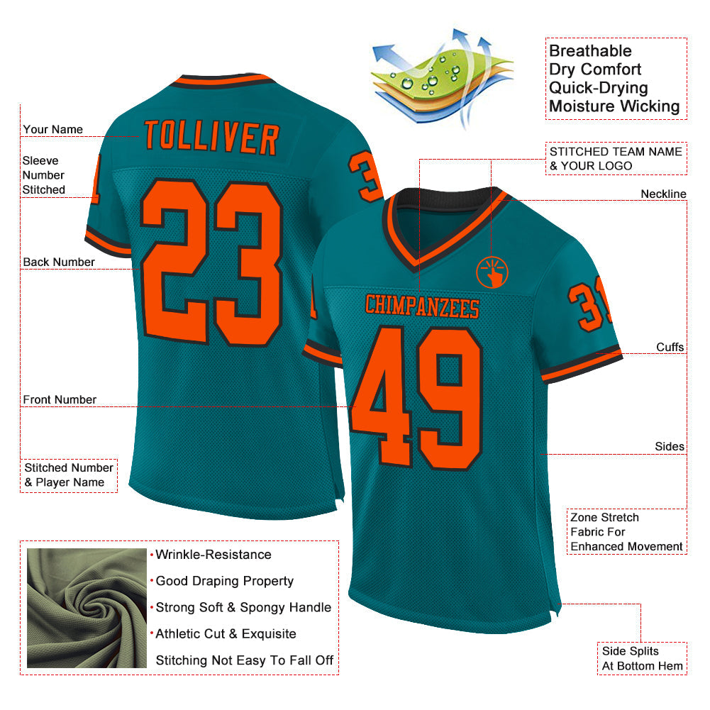 Custom Teal Orange-Black Mesh Authentic Throwback Football Jersey view 2