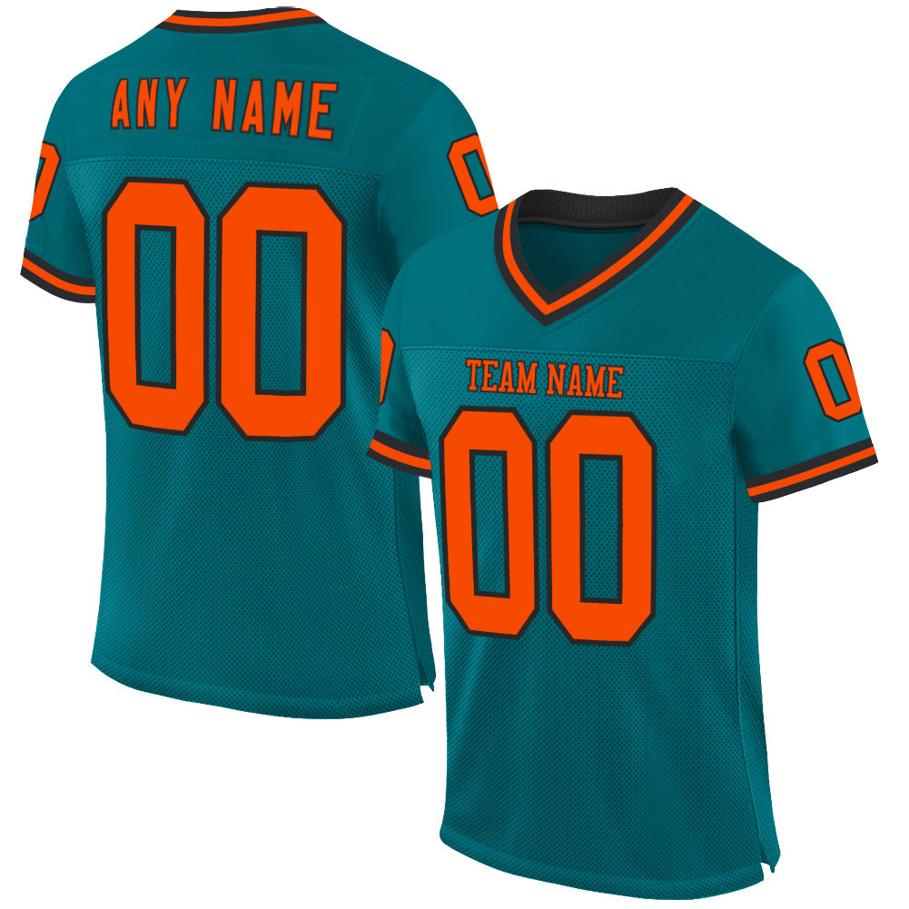 Custom Teal Orange-Black Mesh Authentic Throwback Football Jersey - Main View