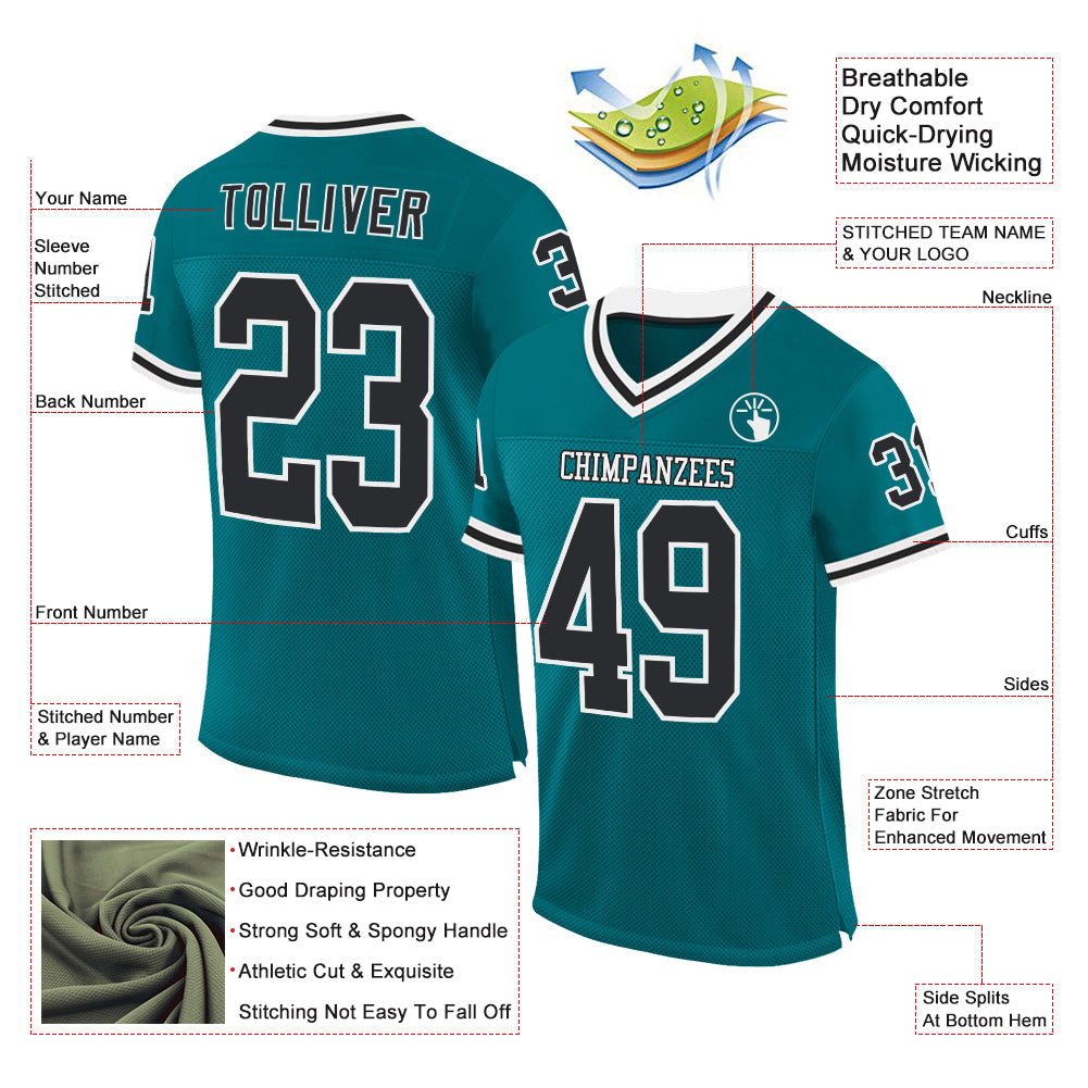 Custom Teal Black-White Mesh Authentic Throwback Football Jersey view 2