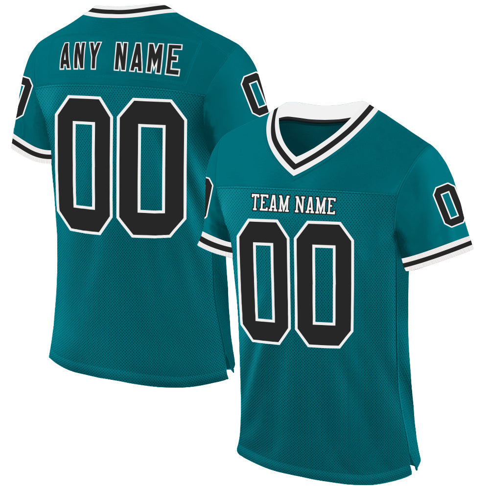 Custom Teal Black-White Mesh Authentic Throwback Football Jersey - Main View