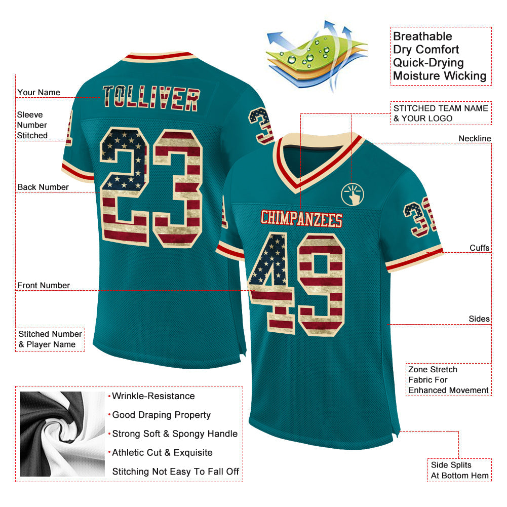 Custom Teal Vintage USA Flag Cream-Red Mesh Authentic Throwback Football Jersey view 2