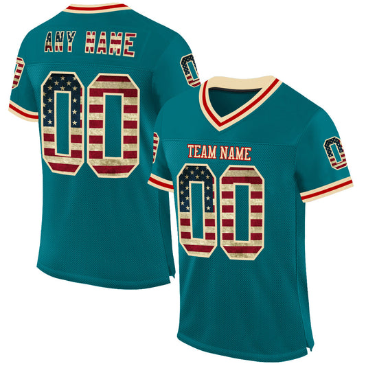 Custom Teal Vintage USA Flag Cream-Red Mesh Authentic Throwback Football Jersey - Main View