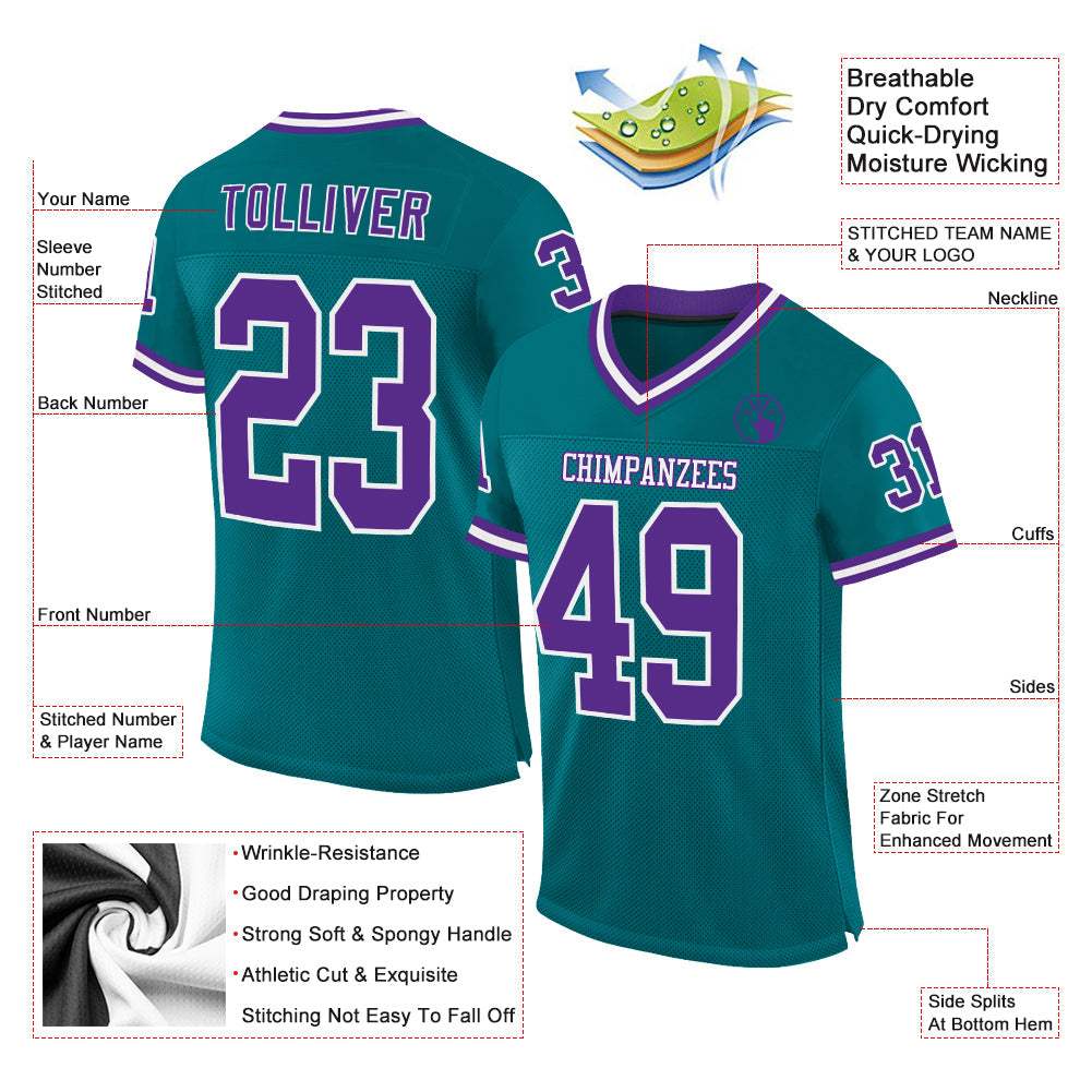 Custom Teal Purple-White Mesh Authentic Throwback Football Jersey view 2