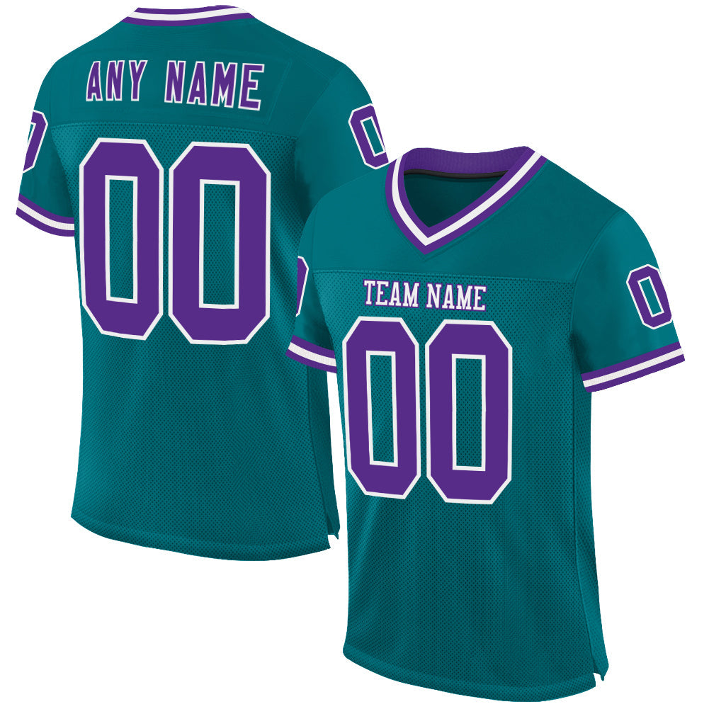 Custom Teal Purple-White Mesh Authentic Throwback Football Jersey - Main View