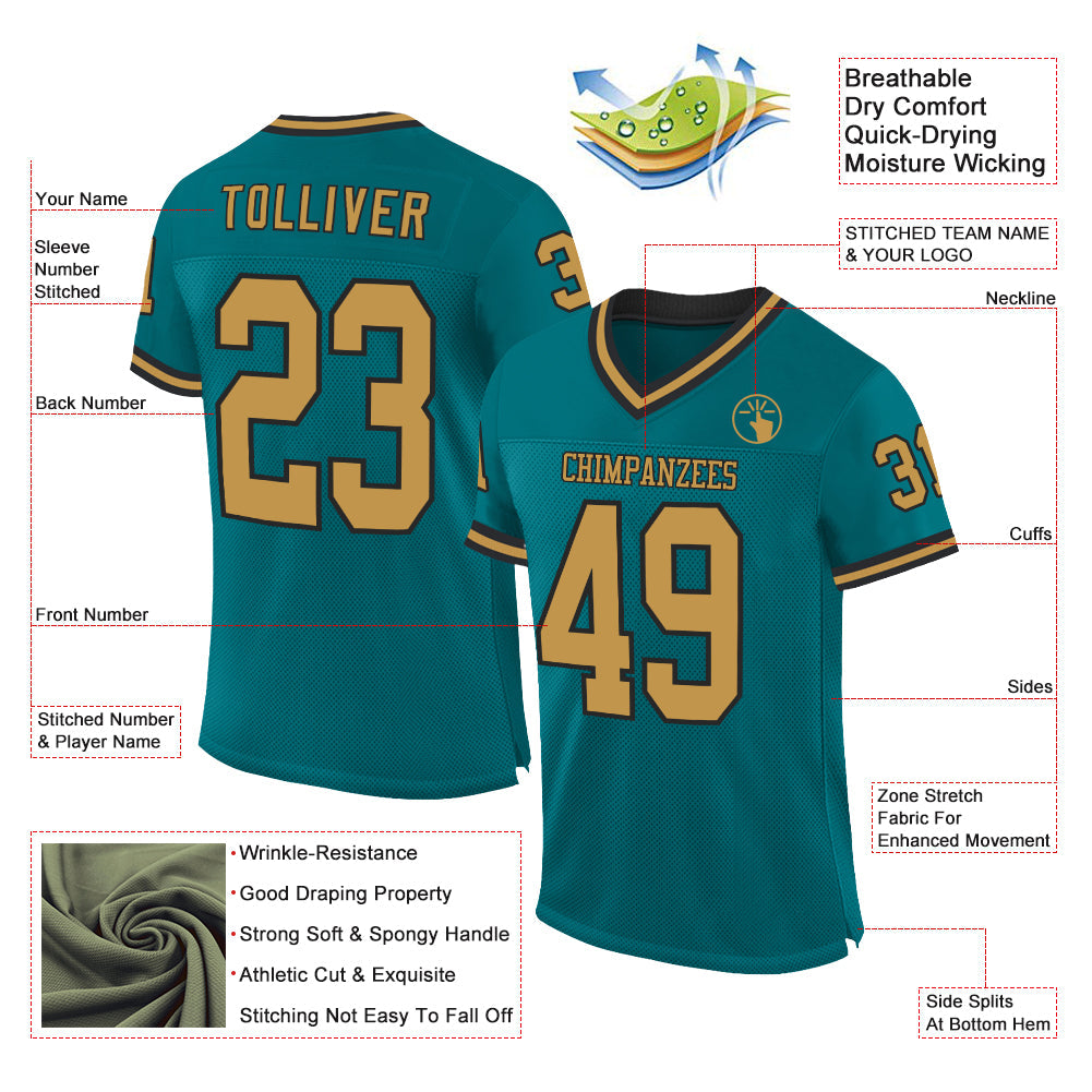 Custom Teal Old Gold-Black Mesh Authentic Throwback Football Jersey view 2