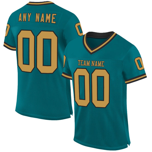 Custom Teal Old Gold-Black Mesh Authentic Throwback Football Jersey - Main View