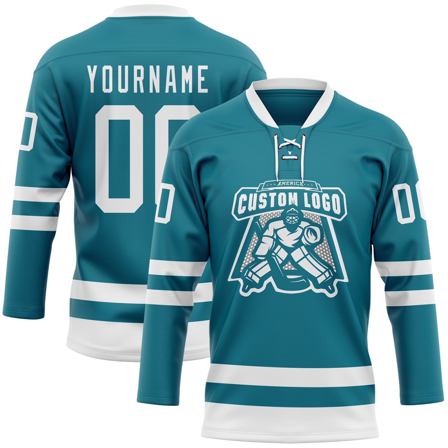 Custom Teal White Hockey Lace Neck Jersey view 2