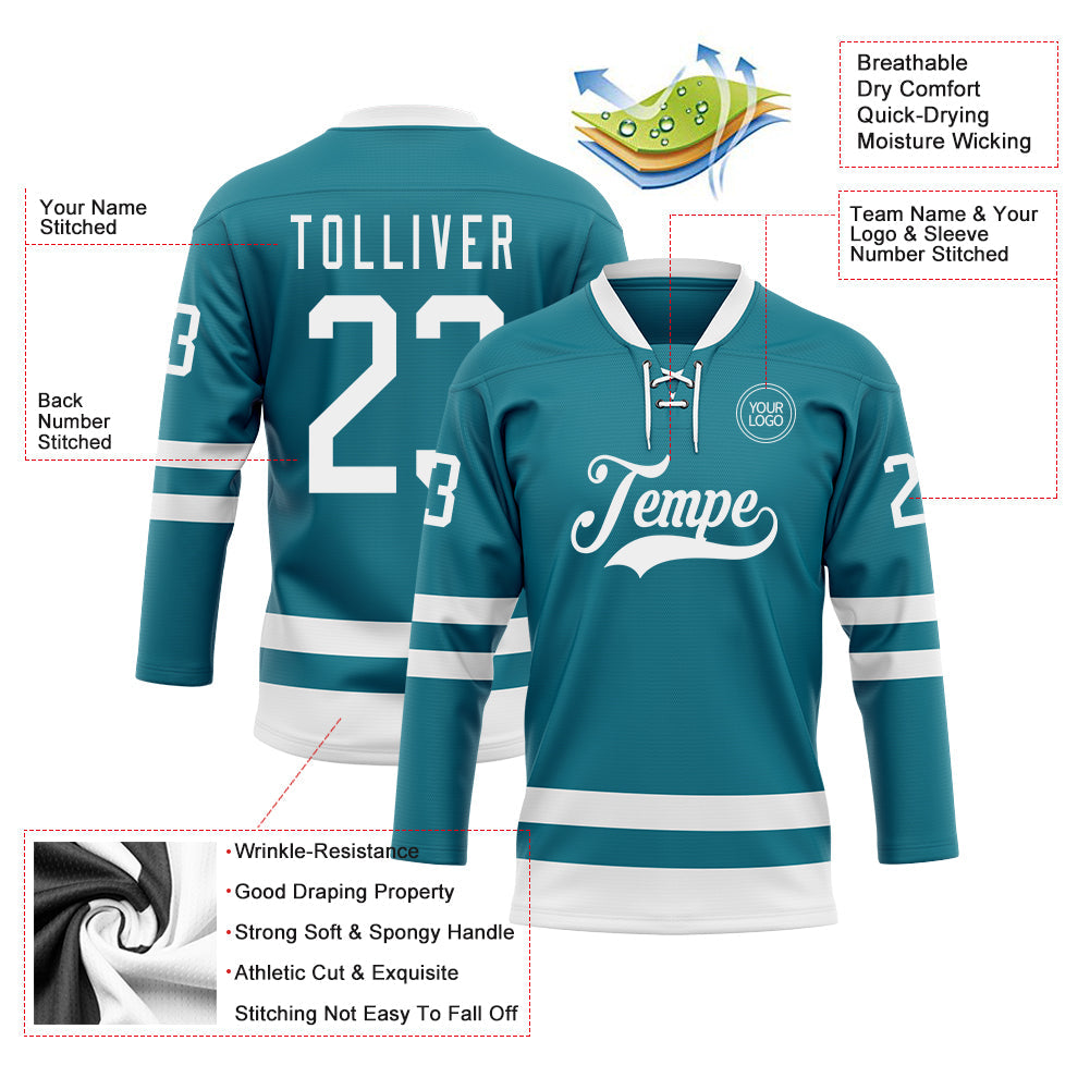 Custom Teal White Hockey Lace Neck Jersey view 3