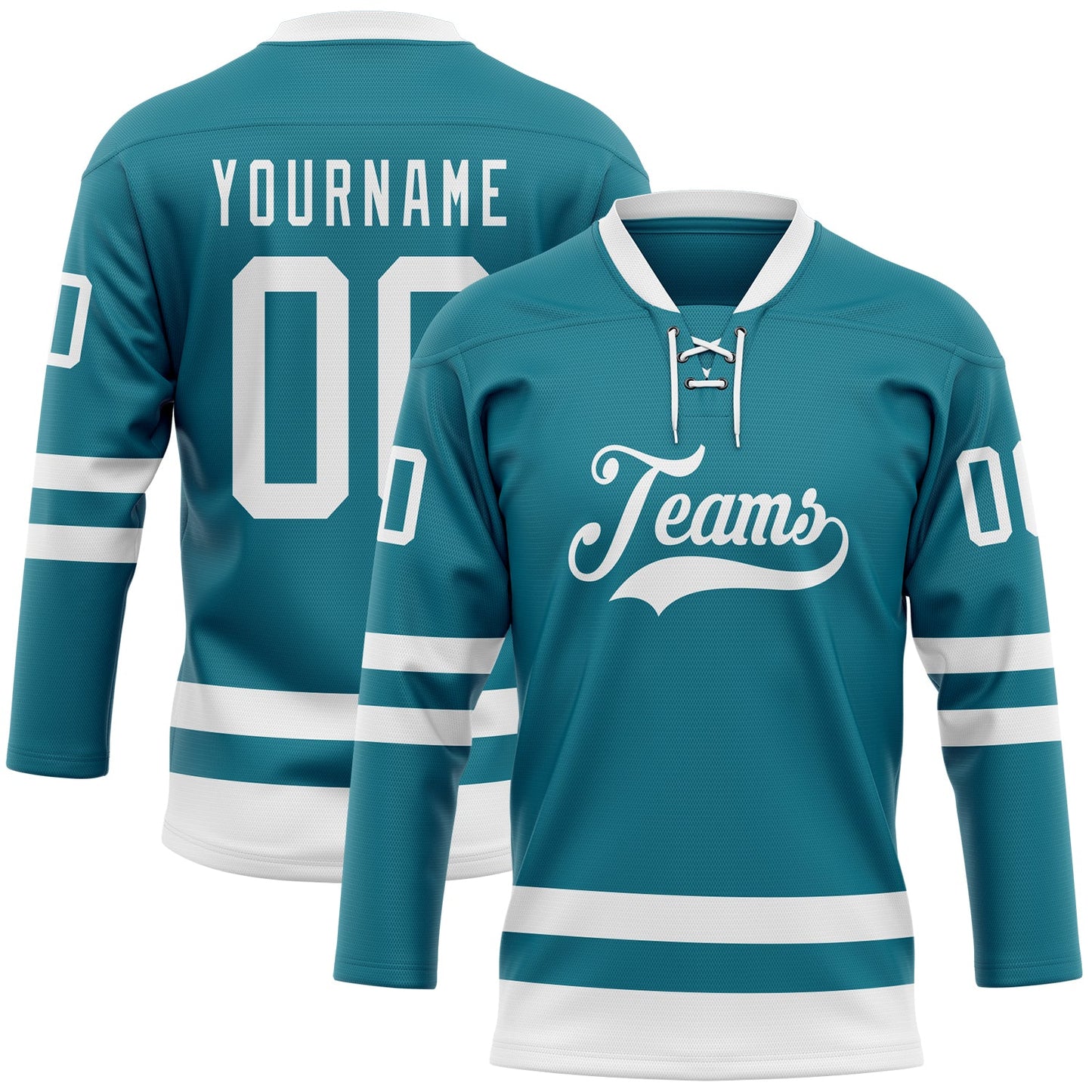 Custom Teal White Hockey Lace Neck Jersey - Main View
