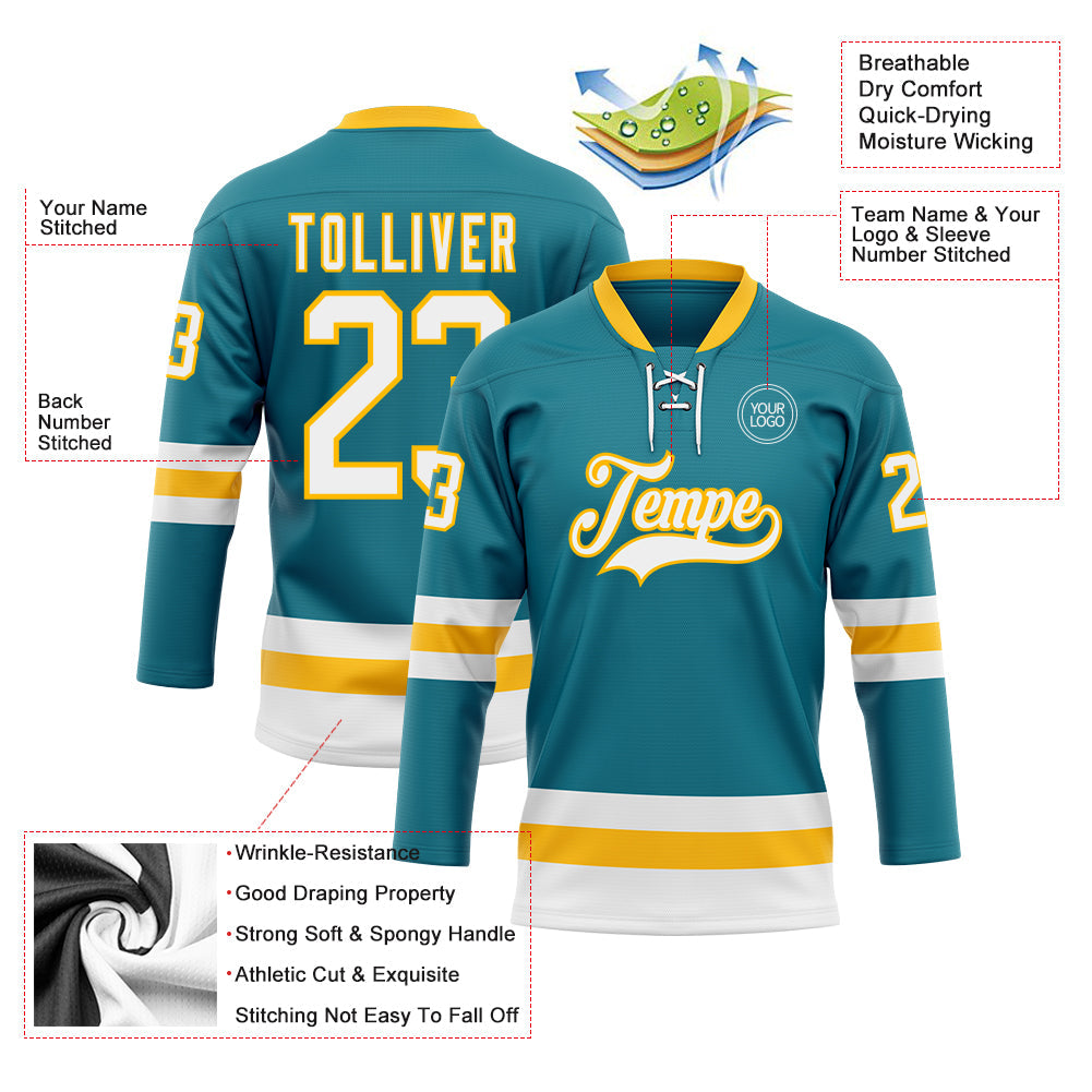 Custom Teal White-Gold Hockey Lace Neck Jersey view 3