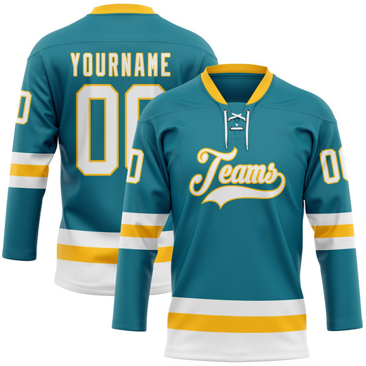 Custom Teal White-Gold Hockey Lace Neck Jersey - Main View