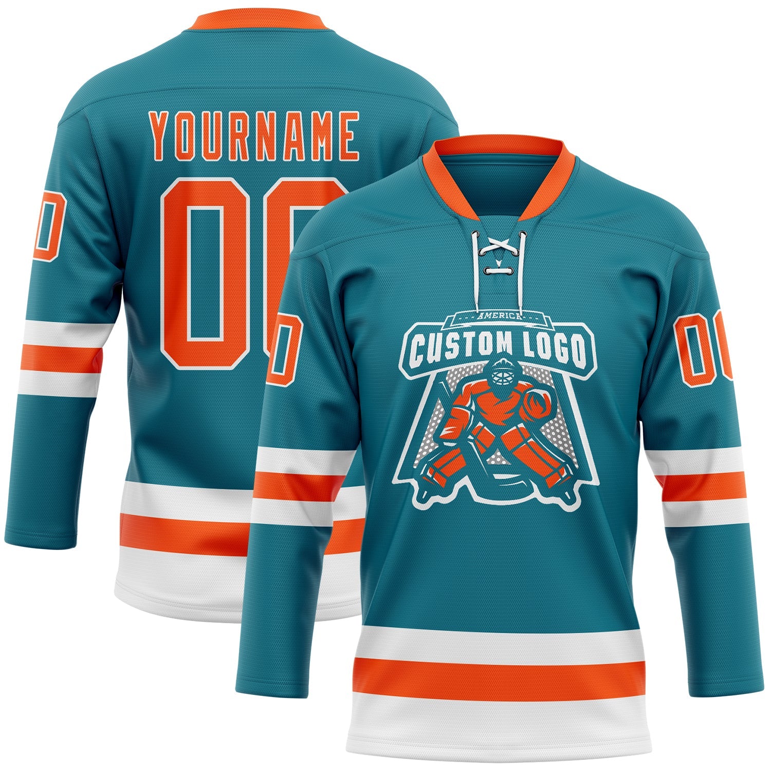 Custom Teal Orange-White Hockey Lace Neck Jersey view 2