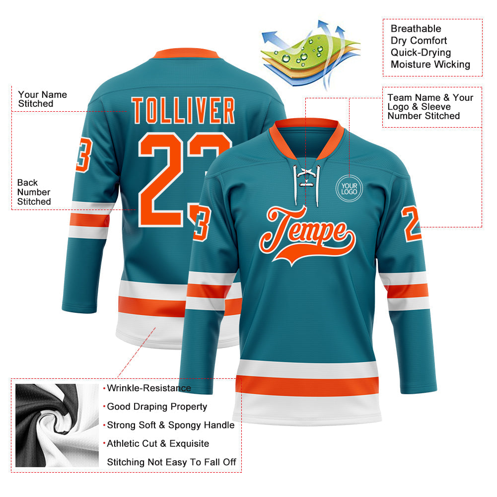 Custom Teal Orange-White Hockey Lace Neck Jersey view 3