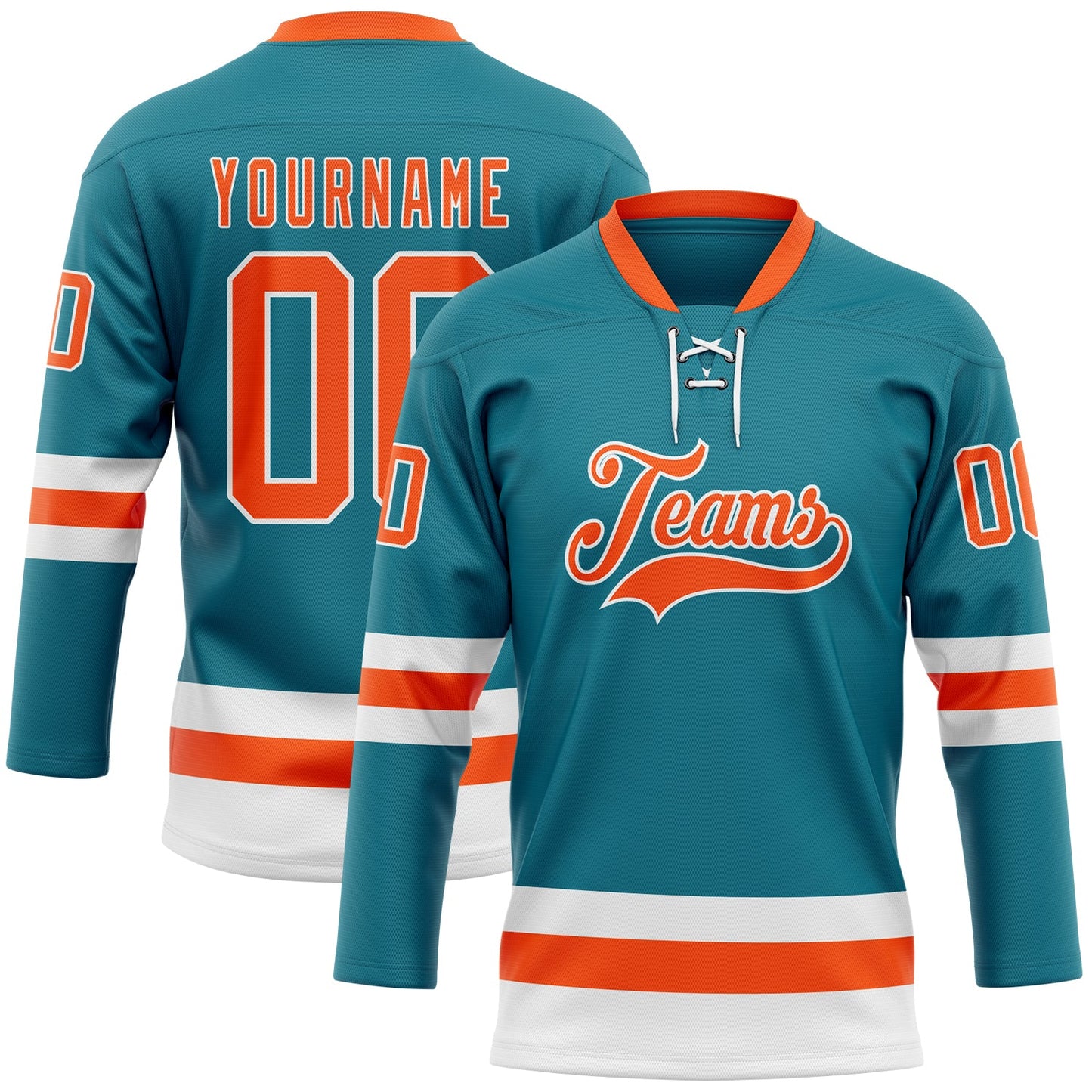 Custom Teal Orange-White Hockey Lace Neck Jersey - Main View