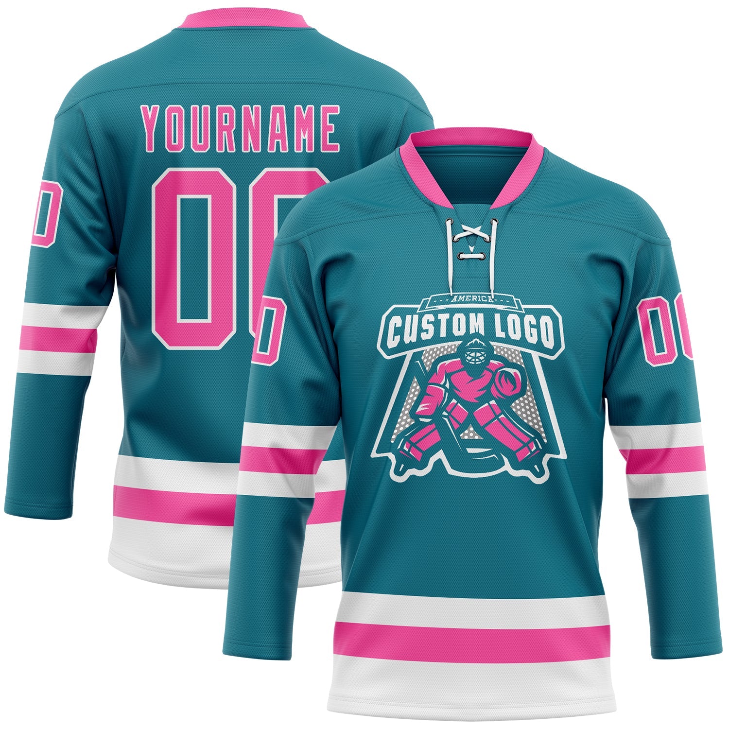 Custom Teal Pink-White Hockey Lace Neck Jersey view 2