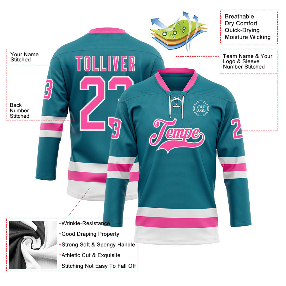 Custom Teal Pink-White Hockey Lace Neck Jersey view 3