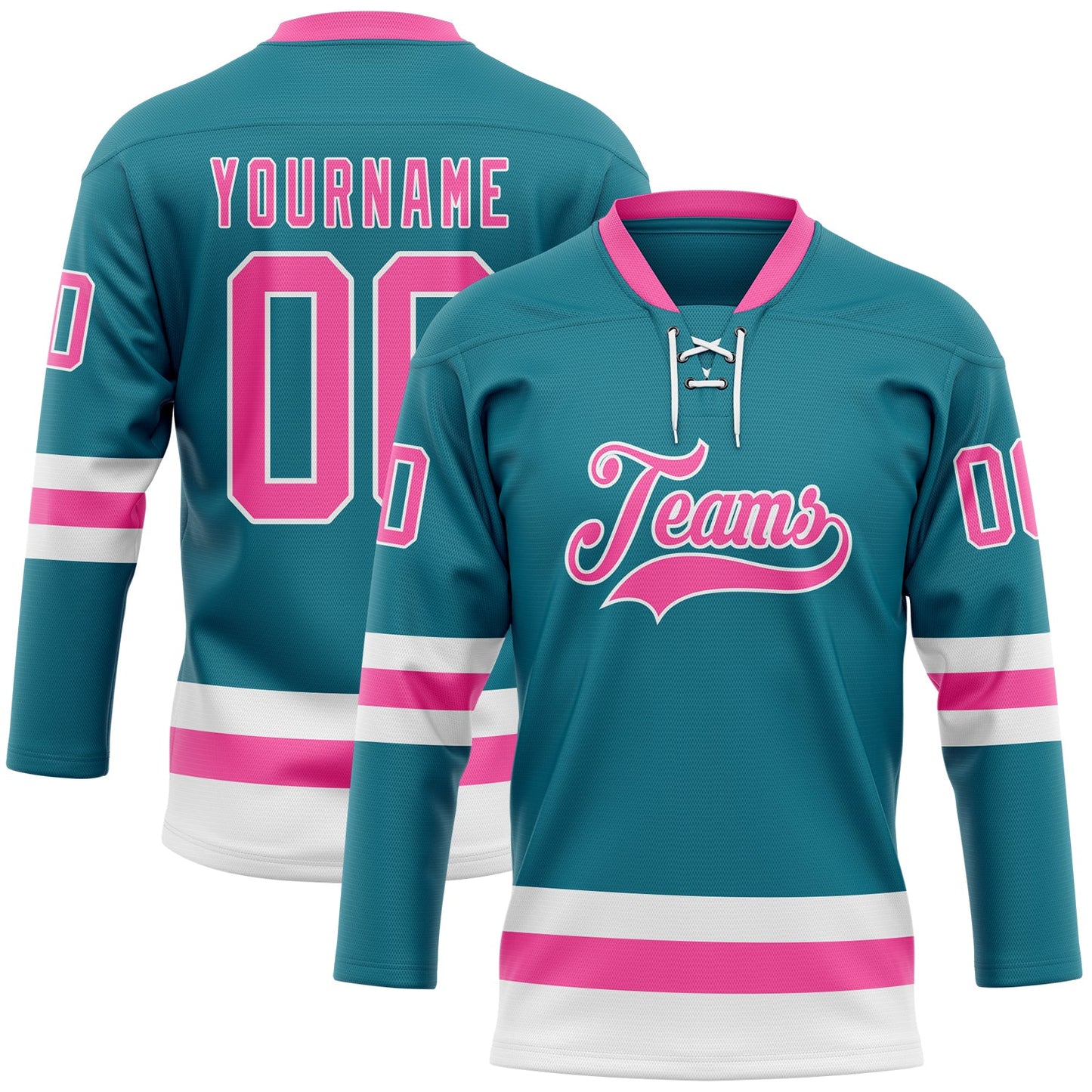 Custom Teal Pink-White Hockey Lace Neck Jersey - Main View