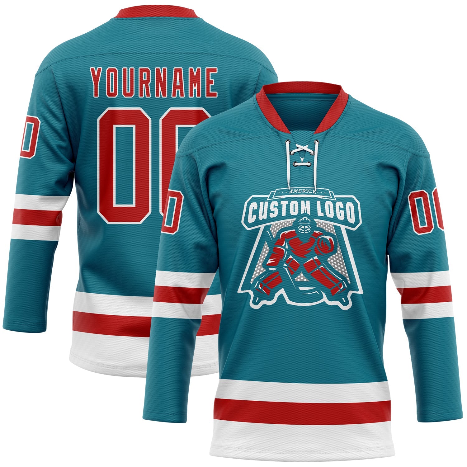Custom Teal Red-White Hockey Lace Neck Jersey view 2