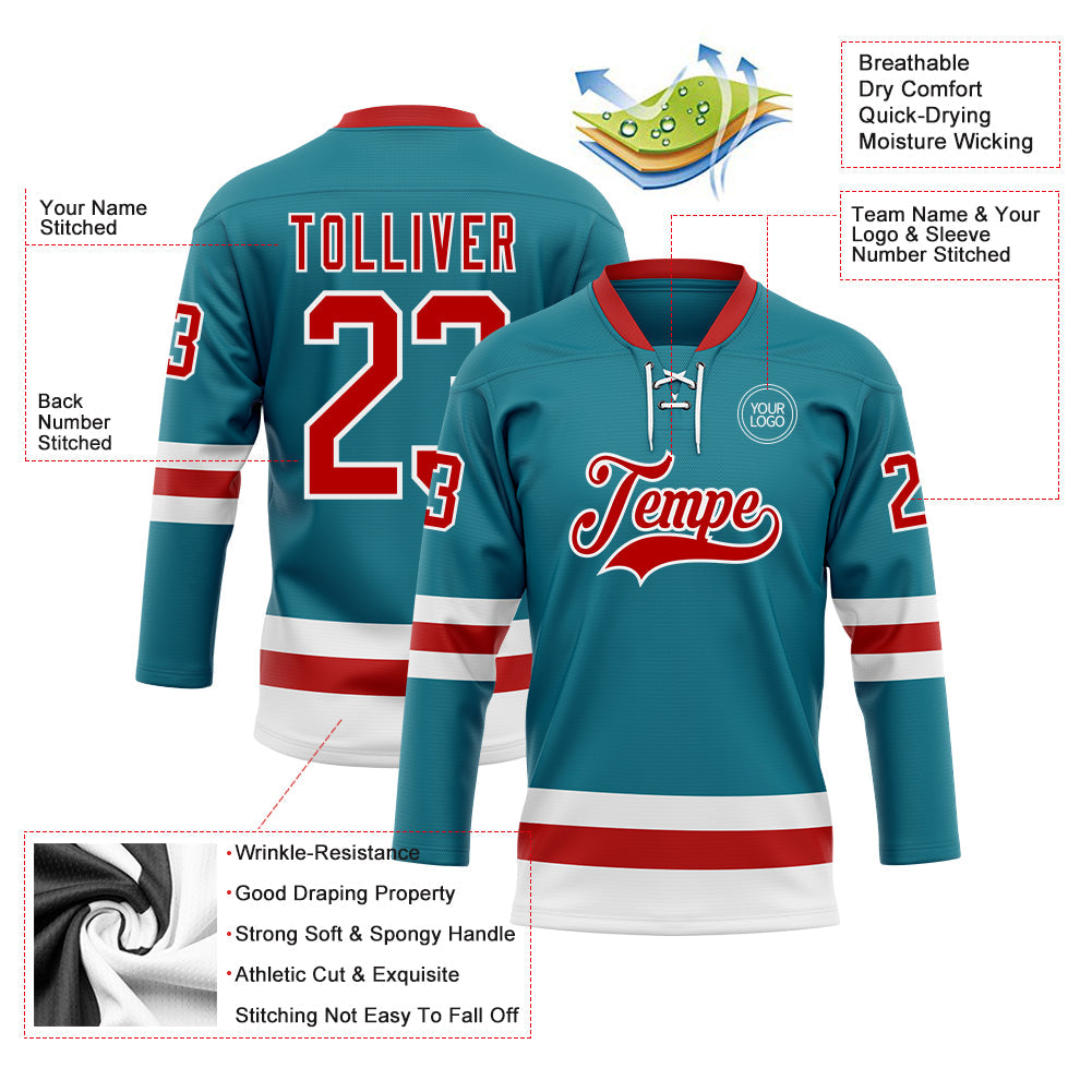Custom Teal Red-White Hockey Lace Neck Jersey view 3
