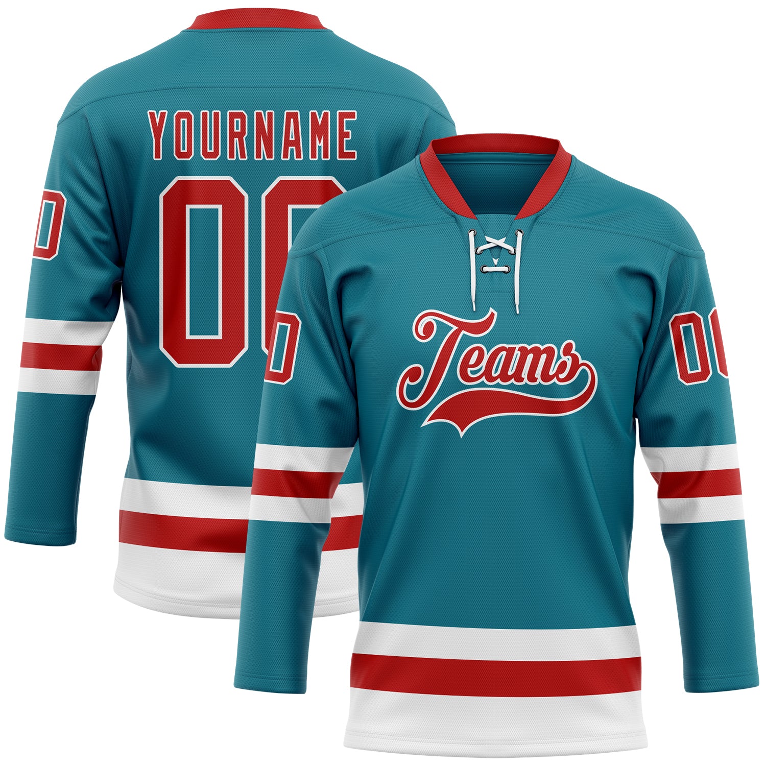 Custom Teal Red-White Hockey Lace Neck Jersey - Main View