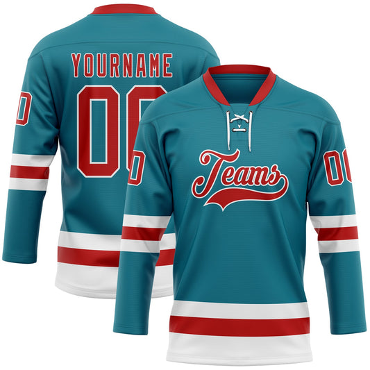 Custom Teal Red-White Hockey Lace Neck Jersey - Main View