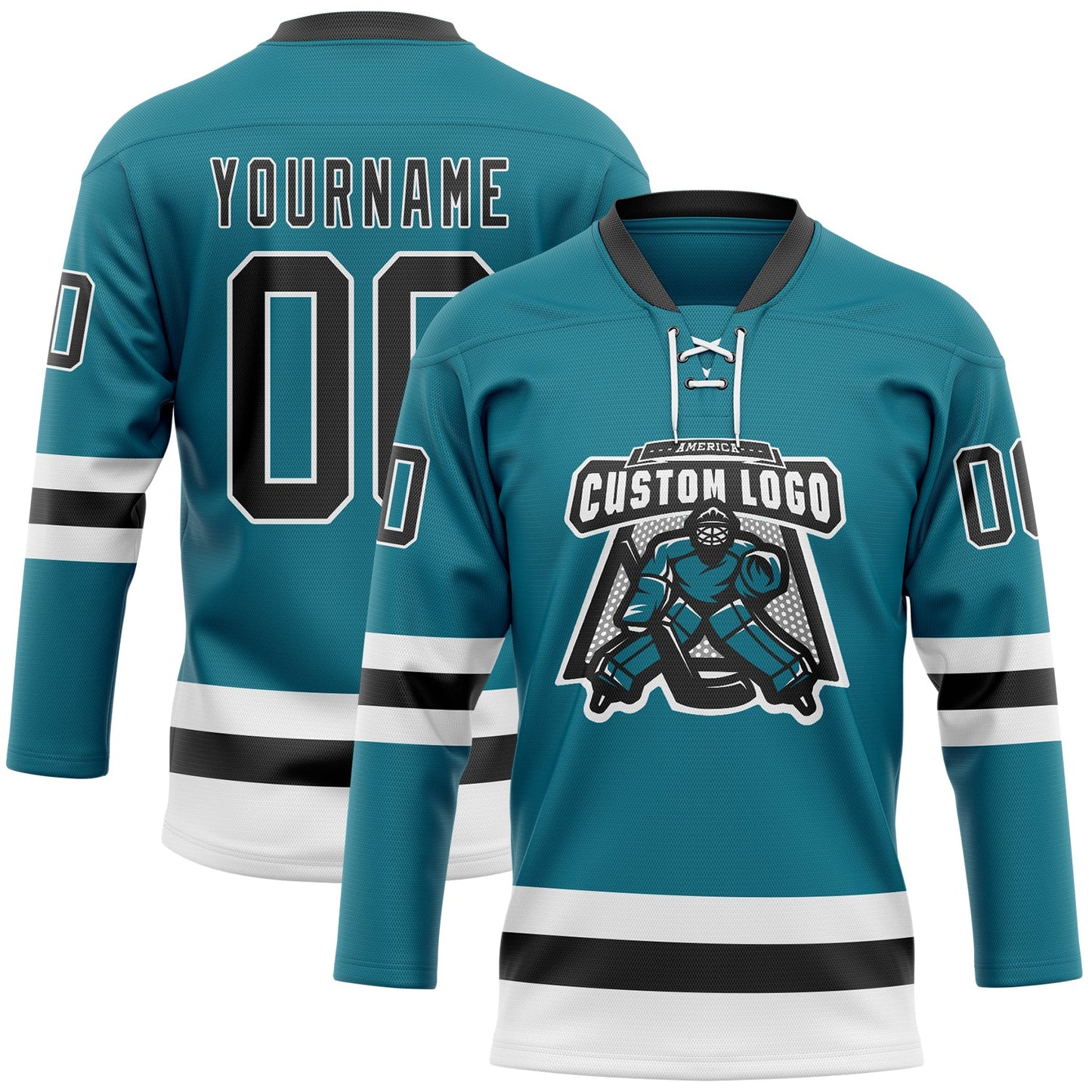 Custom Teal Black-White Hockey Lace Neck Jersey view 2