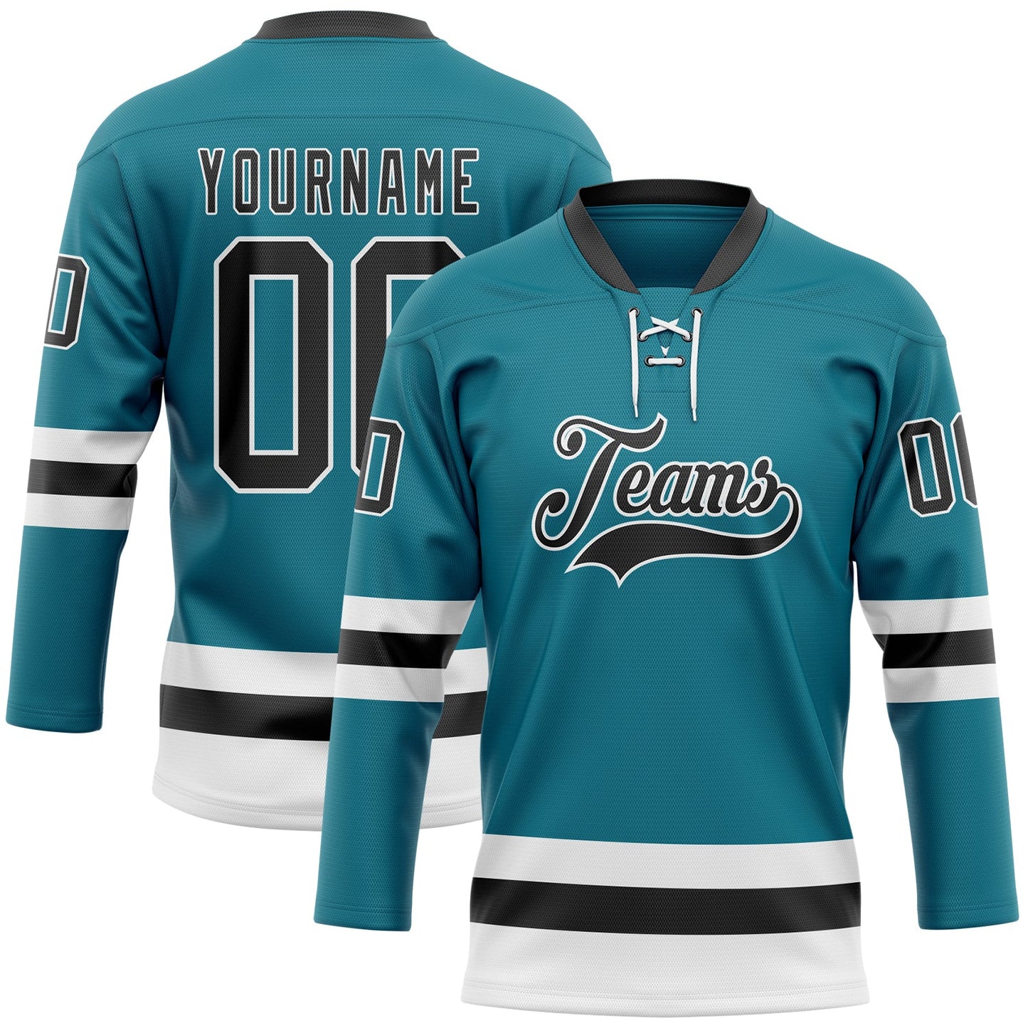 Custom Teal Black-White Hockey Lace Neck Jersey - Main View