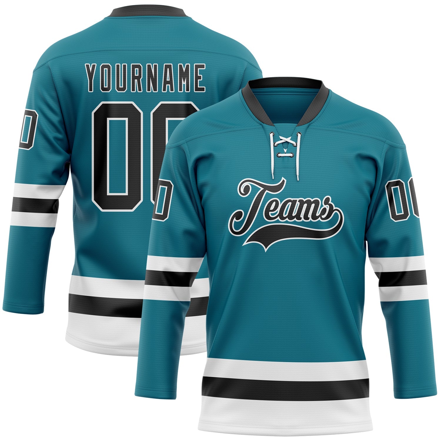 Custom Teal Black-White Hockey Lace Neck Jersey - Main View