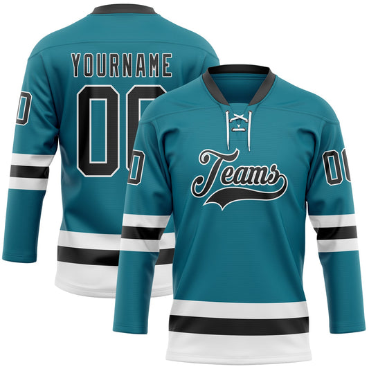 Custom Teal Black-White Hockey Lace Neck Jersey - Main View