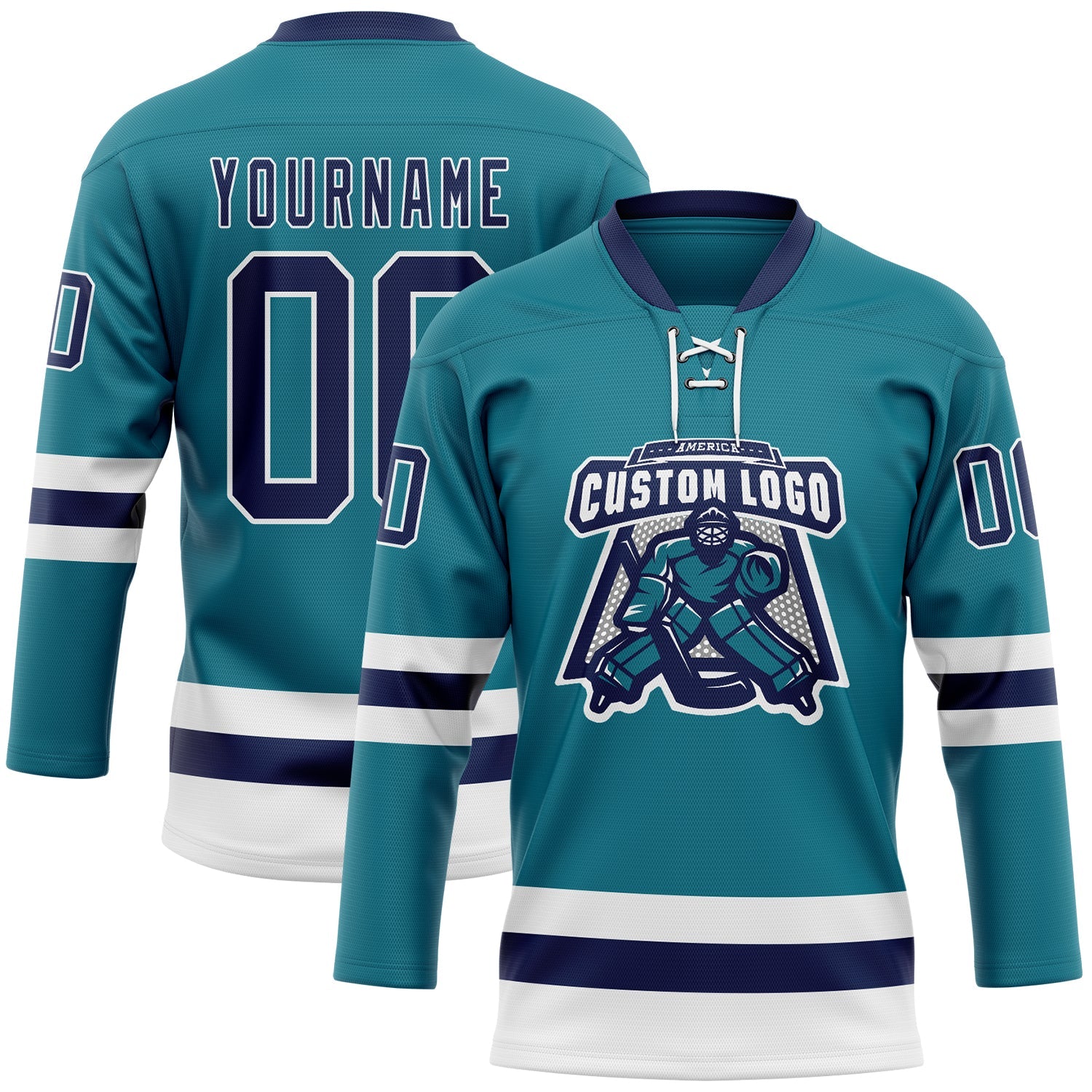 Custom Teal Navy-White Hockey Lace Neck Jersey view 2
