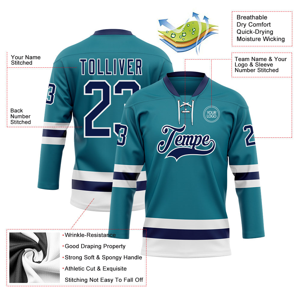Custom Teal Navy-White Hockey Lace Neck Jersey view 3