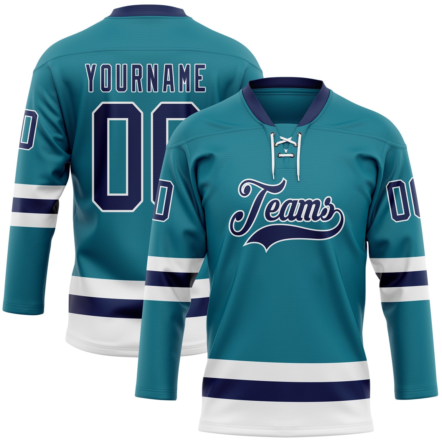 Custom Teal Navy-White Hockey Lace Neck Jersey - Main View