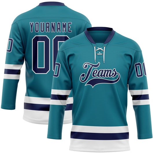 Custom Teal Navy-White Hockey Lace Neck Jersey - Main View