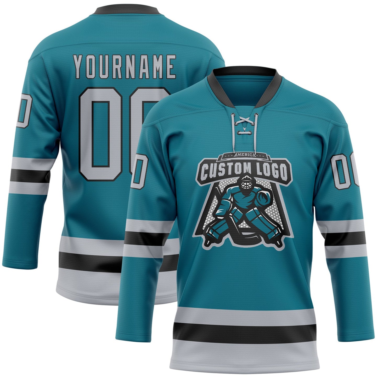 Custom Teal Gray-Black Hockey Lace Neck Jersey view 2