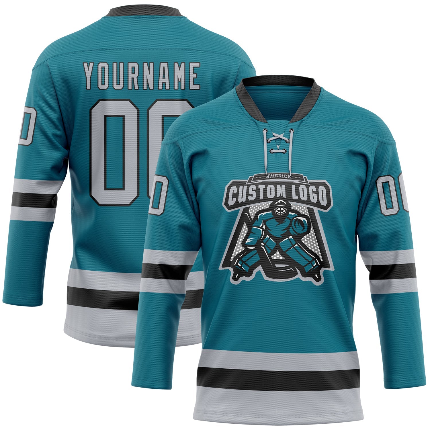 Custom Teal Gray-Black Hockey Lace Neck Jersey view 2