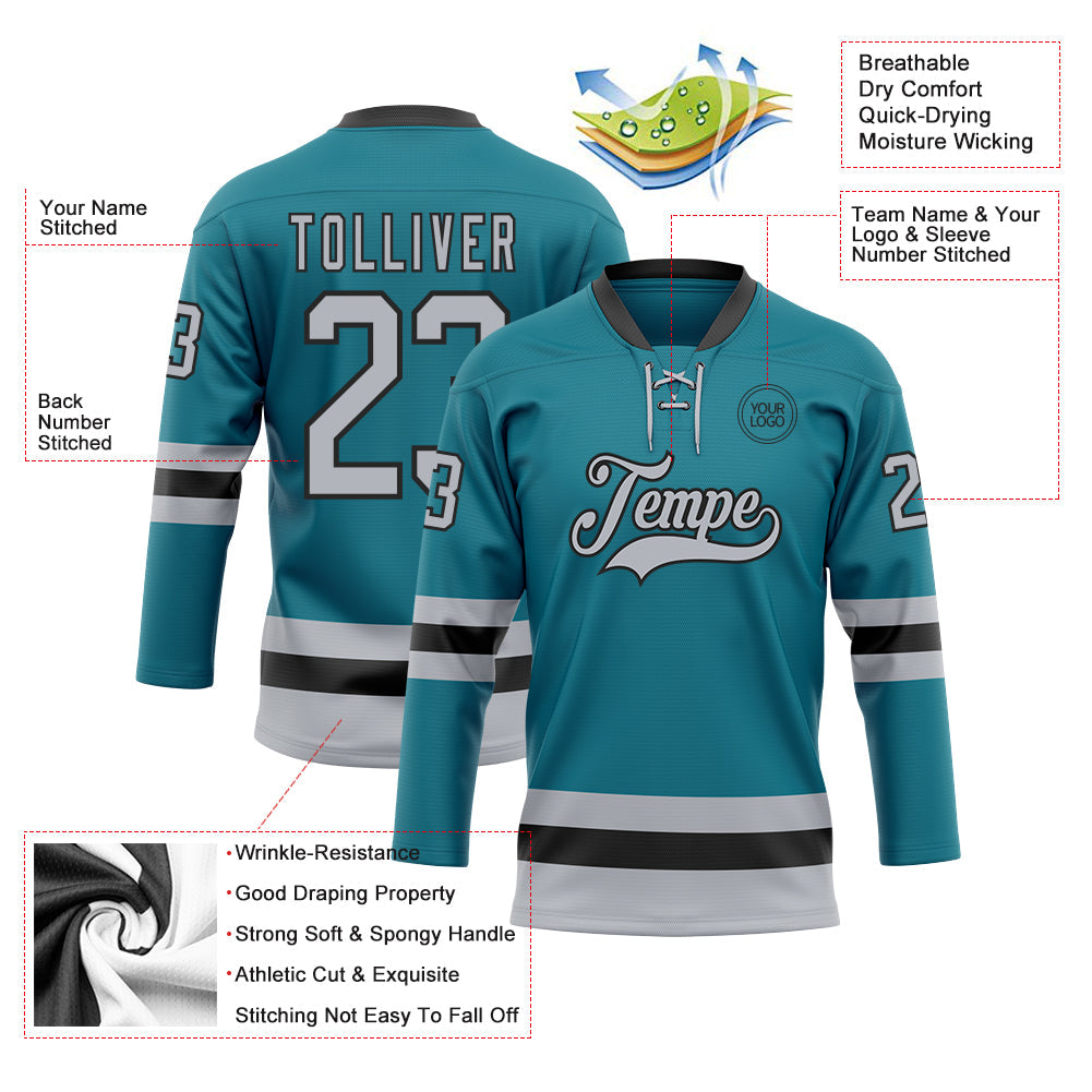 Custom Teal Gray-Black Hockey Lace Neck Jersey view 3